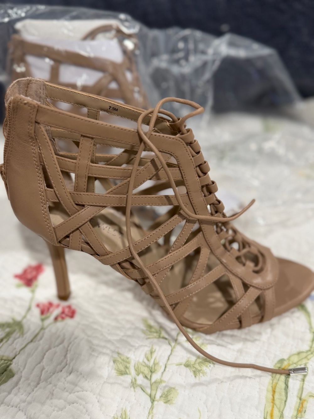 Nine West Tan Lace-Up Cage High Heel Sandals